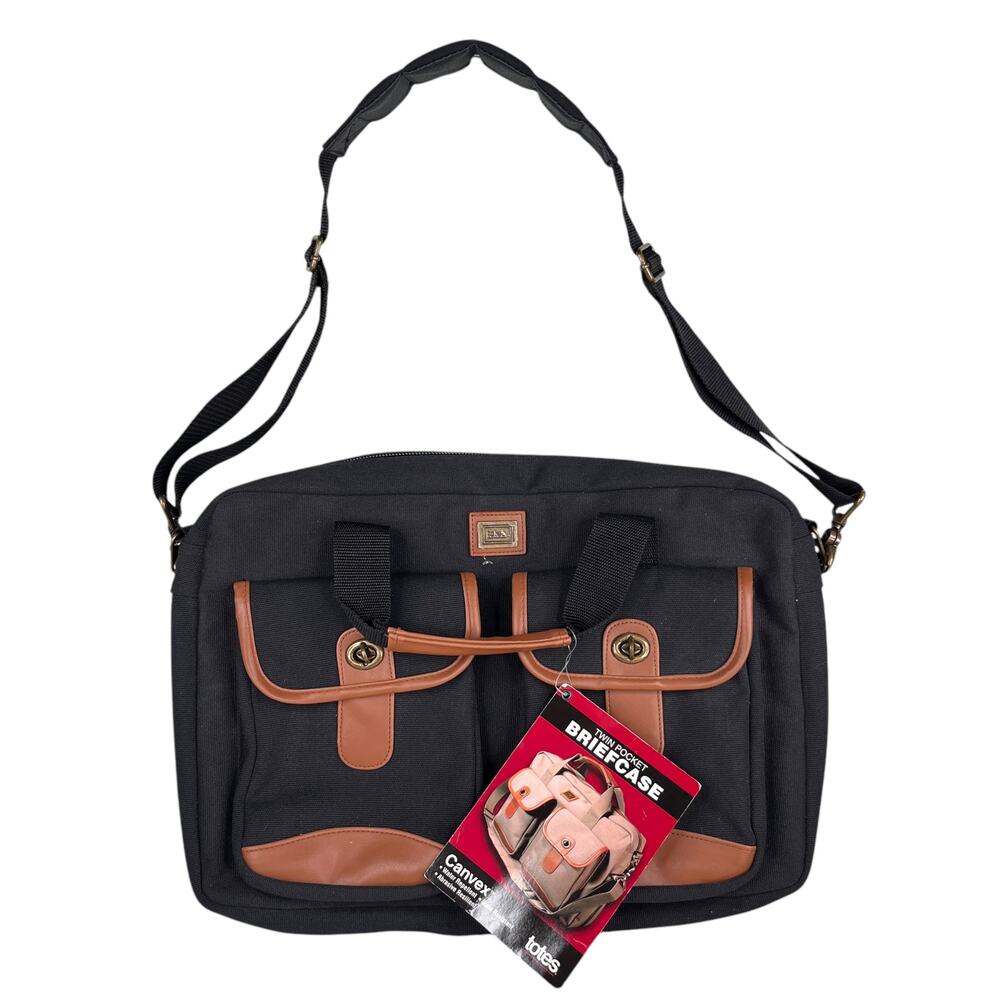 Totes Twin Pocket Briefcase Black Canvas Laptop Expandable New